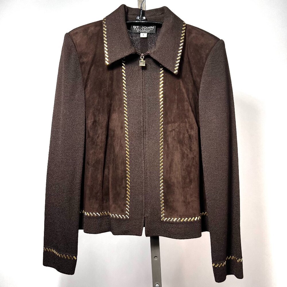 ST.JOHN COLLECTION By Marie, Brown Knit Suede Gold Trim Jacket and pants suit US